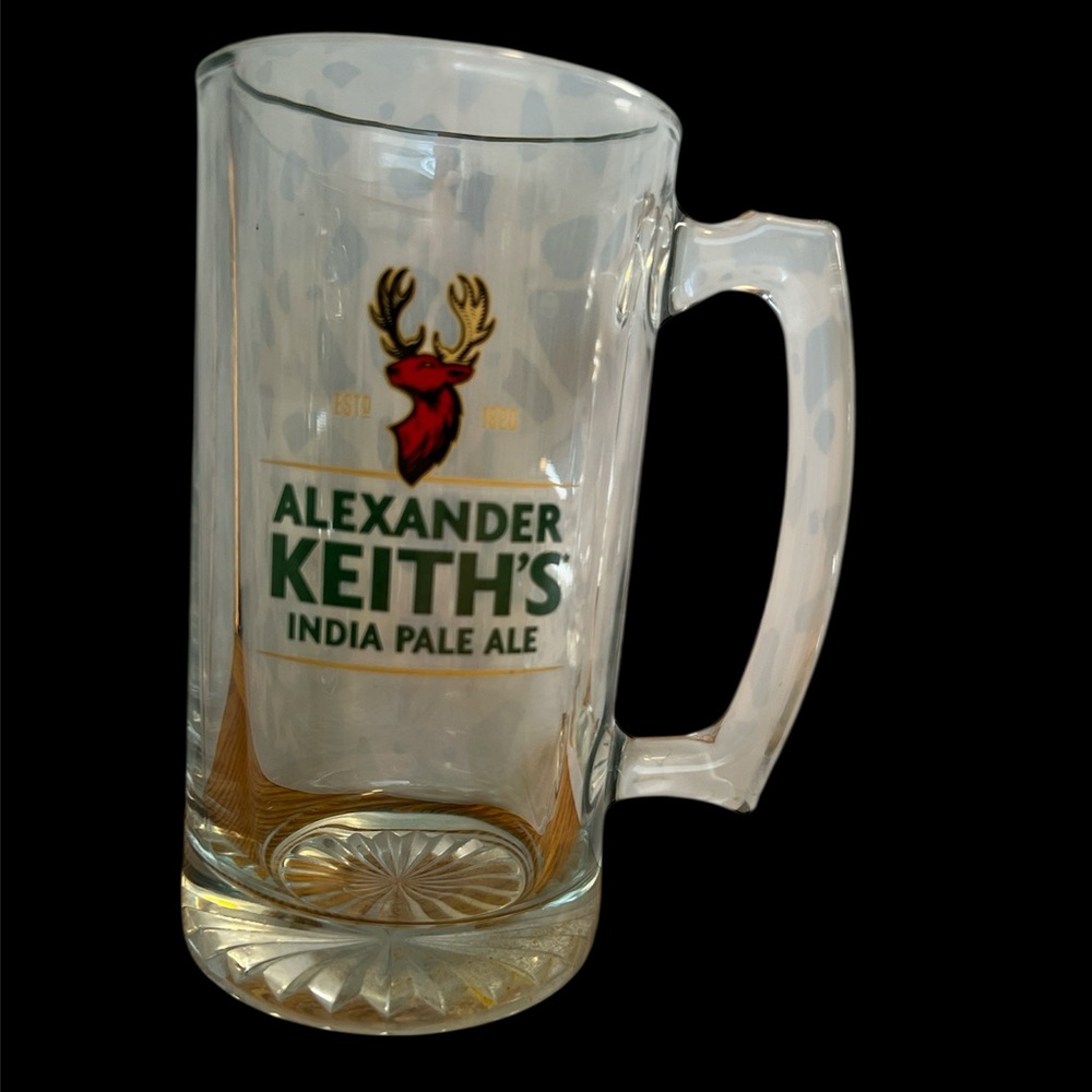 32 oz 2 pint size clear Alexander Keith’s beer stein, set of 2, one is irregular
